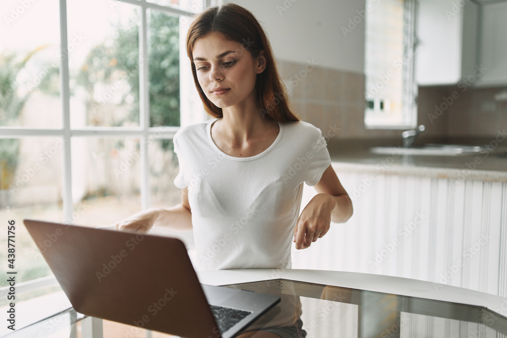 woman at home in front of laptop communication freelance work woman at home in front of laptop communication freelance work