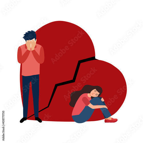 Broken heart concept vector illustration. Sad man and woman with red broken heart in flat design. Bad Valentine’s Day. Breakup or divorced couple.