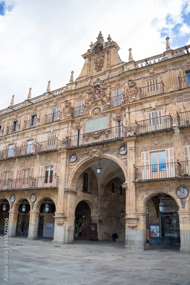 Salamanca / Spain - 05 12 2021: View at the baroque public plaza, 18th century, Plaza Mayor in Salamanca downtown city