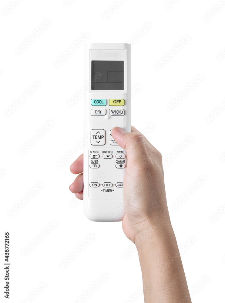 Hand holding air conditioner remote control on a white background