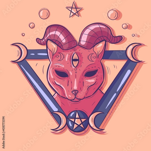 Satanic pink cat with demon horns and a third eye. Occult pet inside a triangle with moons, stars and pagan symbols around it. Wiccan esoteric kitty head with magical and witchy objects.