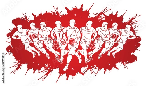 Group of Gaelic Football Male Players Sport Action Cartoon Graphic Vector