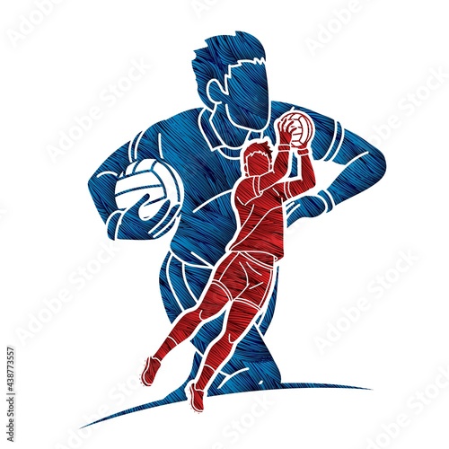 Group of Gaelic Football Male Players Sport Action Cartoon Graphic Vector