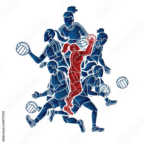 Group of Gaelic Football Female Players Sport Action Cartoon Graphic Vector