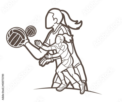 Group of Gaelic Football Female Players Sport Action Cartoon Graphic Vector