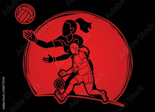 Group of Gaelic Football Female Players Sport Action Cartoon Graphic Vector
