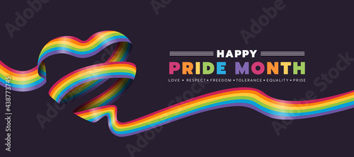 Happy Pride month text and rainbow pride ribbon roll make heart shape on dark background vector design photo