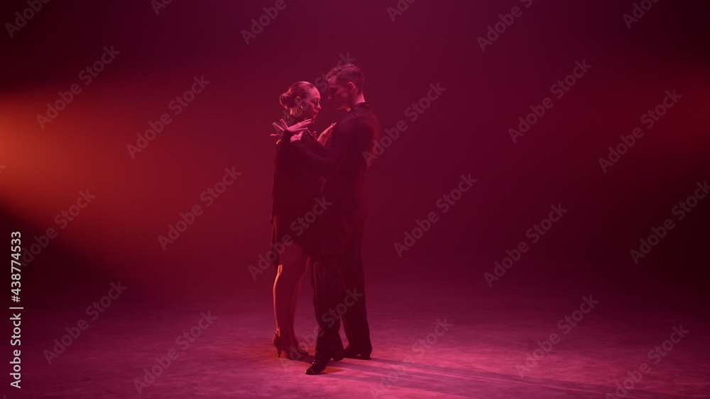Young dancers standing on stage. Sensual dance couple embracing indoors. 