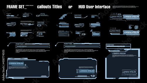 Set of callout titles and frames for HUD UI user interface. Modern digital panels for the interface