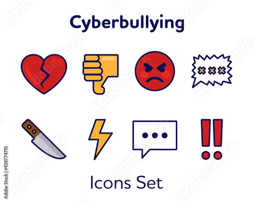 Bold Solid Cyberbullying Icons Set in flat style with outline