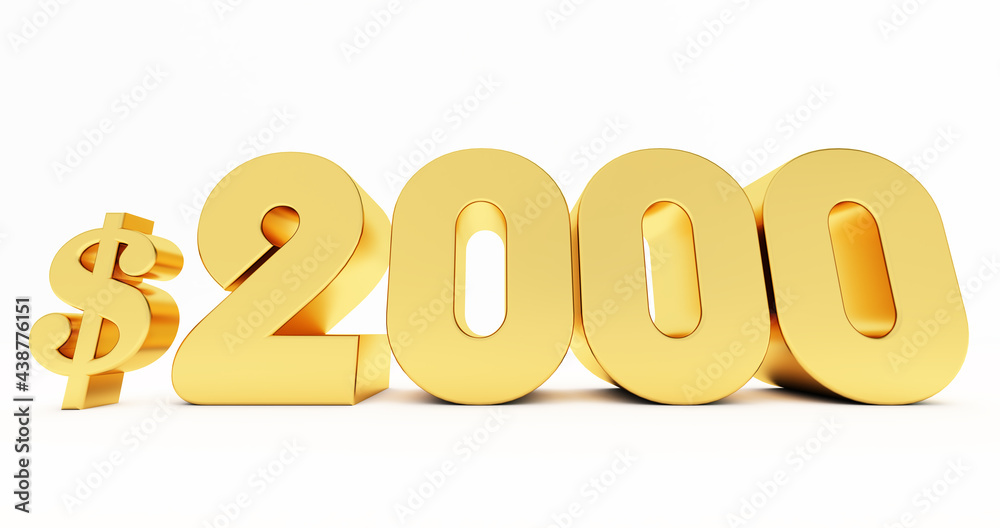 3d render of golden $2000 Dollar isolated on white background 3d render of golden $2000 Dollar isolated on white background