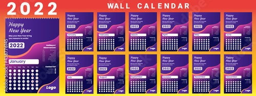 Printable calendar 2022, Wall calendar, week starts on monday, stationery design, organizer office, calendar 2022 with holidays, planner design, vector.