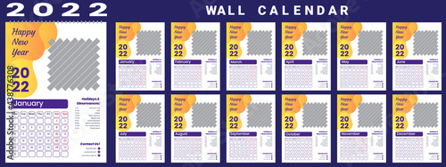 Printable calendar 2022, Wall calendar, week starts on monday, stationery design, organizer office, calendar 2022 with holidays, planner design, vector.