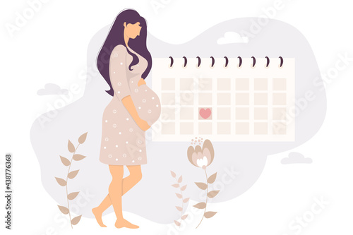 The happy pregnant girl looks at the calendar. Beautiful cute woman hugs her belly and stands by the planner calendar on a floral background. Vector illustration. Girl and female health concept
