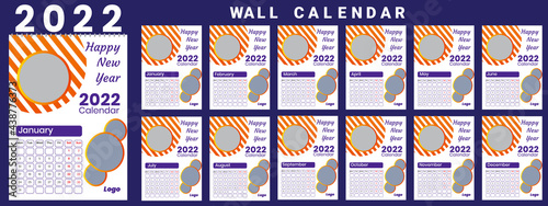 Printable calendar 2022, Wall calendar, week starts on monday, stationery design, organizer office, calendar 2022 with holidays, planner design, vector.