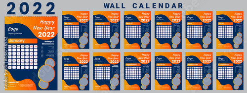 Printable calendar 2022, Wall calendar, week starts on monday, stationery design, organizer office, calendar 2022 with holidays, planner design, vector.