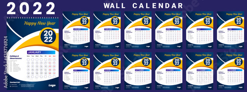 Printable calendar 2022, Wall calendar, week starts on monday, stationery design, organizer office, calendar 2022 with holidays, planner design, vector.