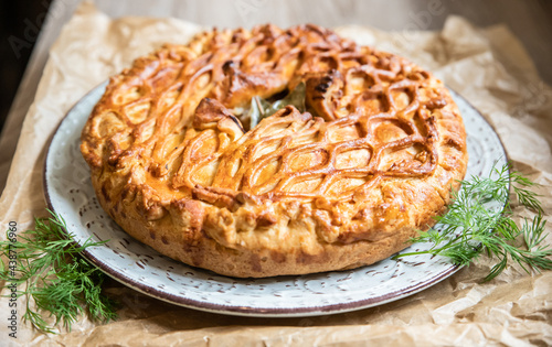 Puff pastry pie with chicken and leek decorated with dill. Close up.