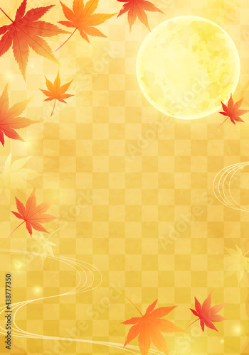 秋の満月と紅葉の和風で美しい市松模様のベクターイラストフレーム(背景、お月見)