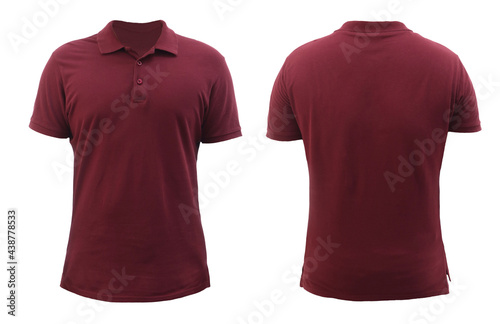 Obraz na plátně Blank collared shirt mock up template, front and back view, plain maroon red t-shirt isolated on white