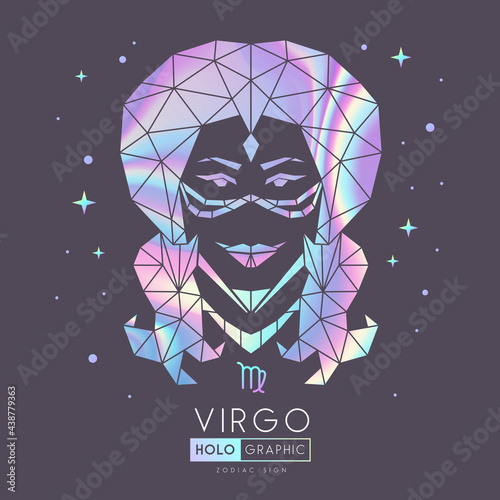 Modern magic witchcraft card with polygonal astrology Virgo zodiac sign. Holographic Polygonal woman head