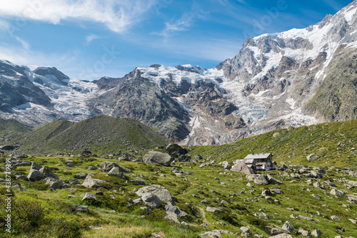 Panorama of the European Alps with the Monte Rosa glacier at the Zamboni Zappa refuge, Macugnaga, Italy. Important summer and winter resort in northern Italy