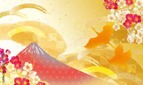 鶴の飛ぶ　富士山　和柄