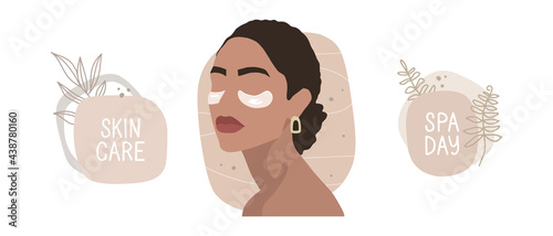 Set of hand-drawn elements. Portrait of a woman with eye patches. Hairstyle and jewelry. Beauty treatments at home. Lettering on an abstract background with plants. Inscription "spa day", "skin care".