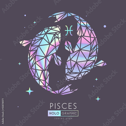 Modern magic witchcraft card with astrology Pisces zodiac sign. Holographic Koi fish illustration in polygonal style