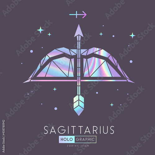 Modern magic witchcraft card with polygonal astrology Sagittarius zodiac sign. Holographic Polygonal Bow and arrow illustration