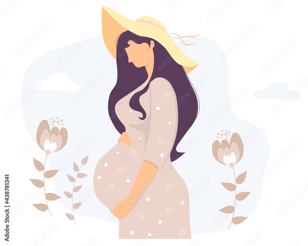Happy pregnant girl on vacation in sun hat hugs her belly on a background of flowers. Vector illustration. Female health and pregnancy concept Happy pregnant girl on vacation in sun hat hugs her belly on a background of flowers. Vector illustration. Female health and pregnancy concept