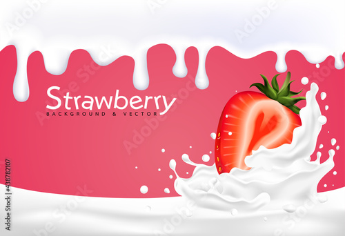 Red strawberry fruits falling into the milky splash. Vector illu