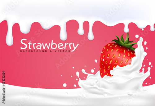 Red strawberry fruits falling into the milky splash. Vector illu