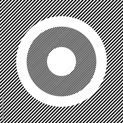 A large record media symbol in the center as a hatch of black lines on a white circle. Interlaced effect. Seamless pattern with striped black and white diagonal slanted lines