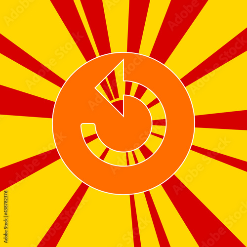 Replay media symbol on a background of red flash explosion radial lines. The large orange symbol is located in the center of the sun, symbolizing the sunrise. Vector illustration on yellow background