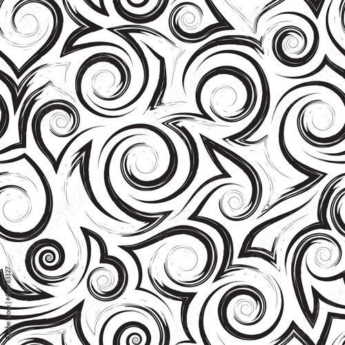 Vector monochrome geometric seamless pattern of flowing spirals curls and corners.Vector black and white geometric seamless texture of smooth and broken lines.Stylized pattern of water flow or waves.