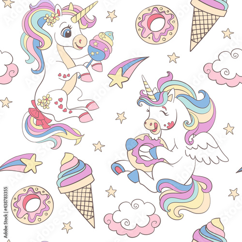 Seamless vector pattern with funny unicorns and sweets on white