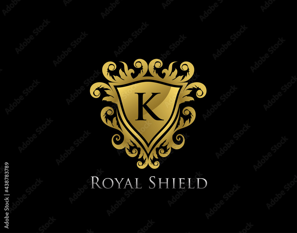 Luxury gold king shield letter K logo design, classic Golden floral badge design Luxury gold king shield letter K logo design, classic Golden floral badge design