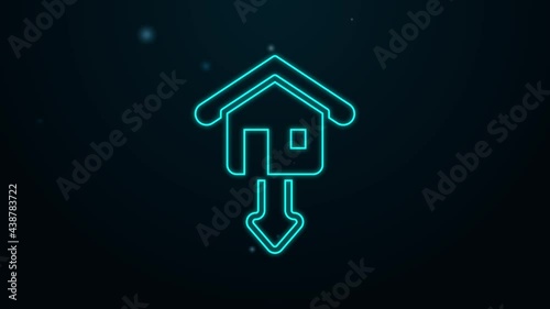 Glowing neon line Property and housing market collapse icon isolated on black background. Falling property prices. Real estate stock risk or economic recession. 4K Video motion graphic animation