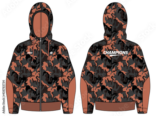Women Long sleeve Hoodie jacket sweatshirt camouflage design template in vector, girls Hooded jacket sweater with front and back view, hooded winter jacket for ladies to Running and workout in winter