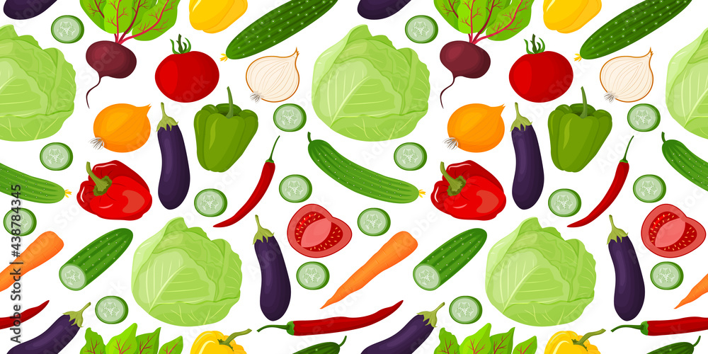 Obraz premium Vector seamless pattern of vegetables drawn in cartoon style. For restaurant menus, packaging, and so on.