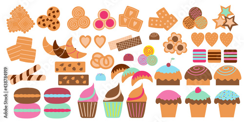 Set of isolated sweets in the form of cupcakes, cookies, sweets, waffles, ziphir, marmalade, ice cream and sweet bagels. Donuts and biscuit baking elements for design.