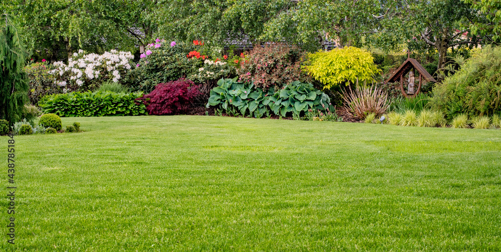 zielony trawnik w pięknym ogrodzie z rabatą kwiatową - obrazy, fototapety, plakaty 