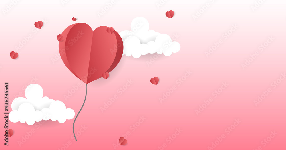 Abstract minimal Paper elements in shape of heart and  clouds on red background with copy space , illustration Vector EPS 10