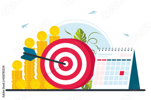 a concept of exceeding targets, business strategy, achievement and goals. Business goal achievement concept. pile of coins, calendar and target. Vector illustration.