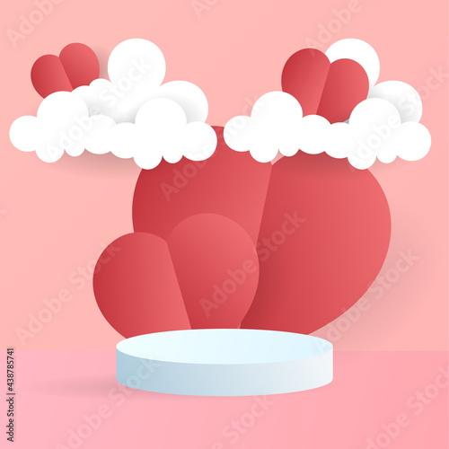 Abstract minimal red heart podium product display with heart and clouds in a red background, illustration 3d Vector EPS 10 © NARANAT STUDIO