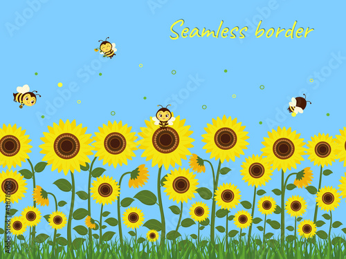 Horizontal seamless border with yellow sunflowers, green grass and bees collecting nectar against the blue sky. Vector illustration.