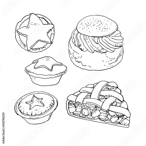 National pastries and sweets. Buns, semla, apple pie, mince pie. Vector drawing of food