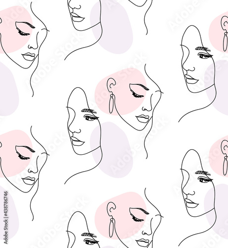 Continuous one line woman face portrait seamless pattern