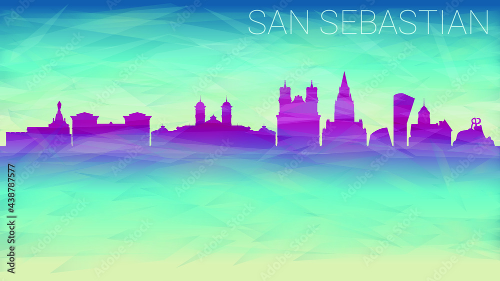 San Sebastian Spain Skyline City Silhouette. Broken Glass Abstract Geometric Dynamic Textured. Banner Background. Colorful Shape Composition.